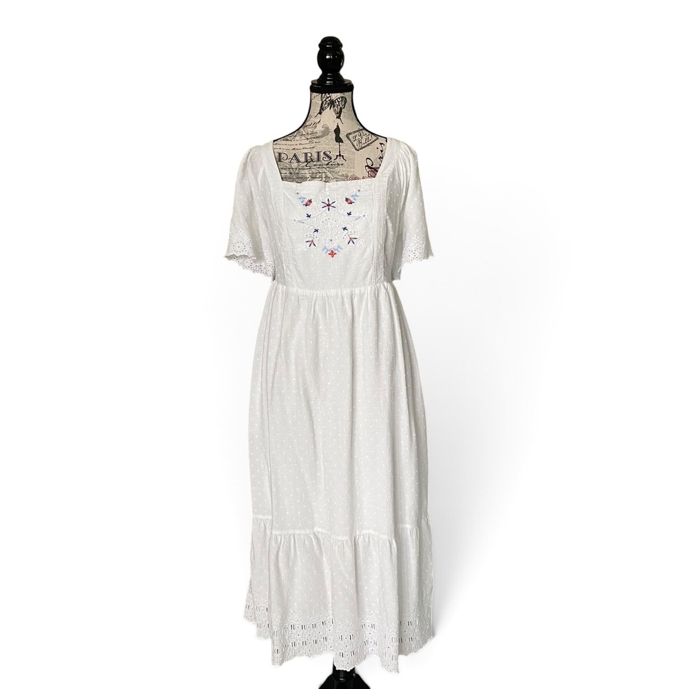 Old‎ Navy Midi Dress Womens XL Petite White Embroidered Eyelet Tie Back Cottage